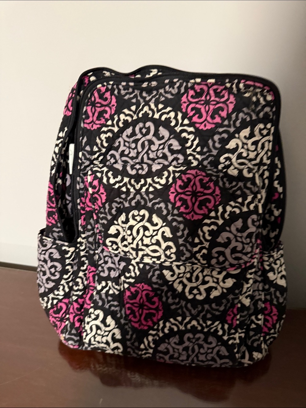 Vera Bradley Black Backpack with Pink and Cream Medallion Print